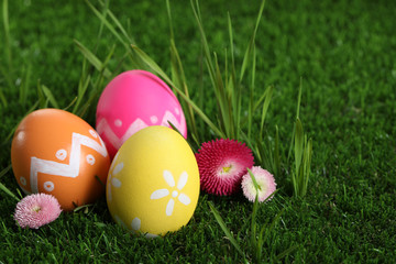 Colorful Easter eggs and daisy flowers in green grass. Space for text