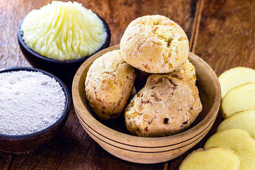 cheese bread without animal products. vegan or vegetarian snack. Ingredients, potatoes and tapioca (ground cassava) made in Brazil.