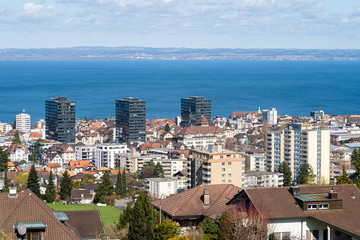 RORSCHACH, SWITZERLAND - MARCH 13, 2020: Panoramic view of the Swiss town of Rorschach on the south bank of Lake Constance, with approx. 35000 inhabitants. 