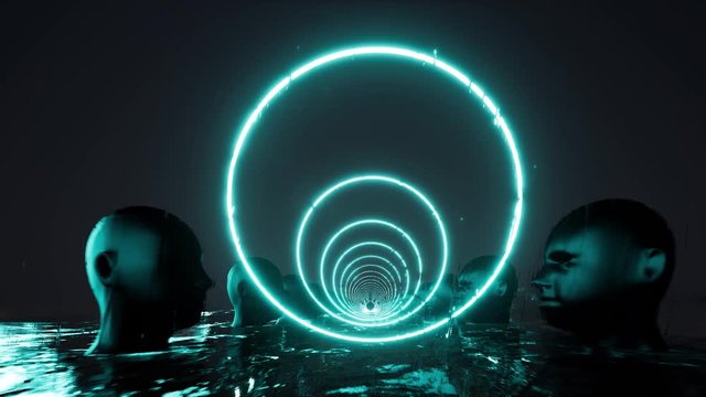 Neon circle landscape in abstract style on light background. Game background. Glitch universe background. Empty background. Alien landscape. 4k