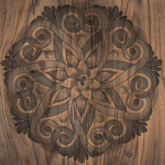Wood decorative carved  tiles, 3d illustration