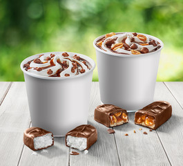 ready-made poster with ice cream in a cardboard glass with caramel, sholado, coconut, nuts and nougat, on a wooden garden table