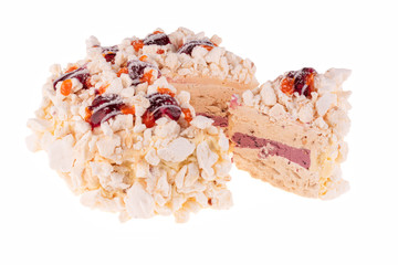 Cut merengue cake with jam and nuts on white background