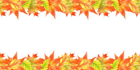 Autumn season banner. Greeting card with hand drawn watercolor fall leaves. Modern design poster with watercolor colorful foliage of yellow, orange and red color.