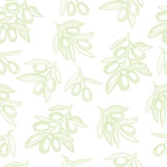 Olive branch with fruit. Linear graphic ink art. Seamless background pattern. Endless texture for your design, fabrics, decor.