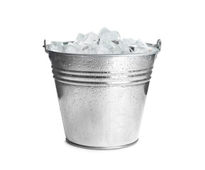 Metal bucket with ice cubes isolated on white - obrazy, fototapety, plakaty