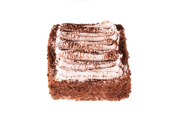 Tiramisu with grated chocolate and air cream on white background