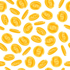 Falling 3d gold money coins seamless pattern isolated on white background. Bingo jackpot casino poker win cash treasure concept flat vector illustration