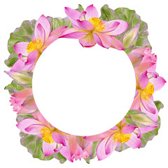 Round frame of floral botanical lotus flowers, buds and leaves. Watercolor background illustration.