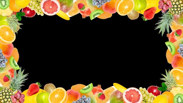 Alpha channel, 32 bit. Creative 4k stop motion video animation of many different exotic tropical bright fruits frame quickly appearing and disappearing. Seamless loop. Ability to use any background.
