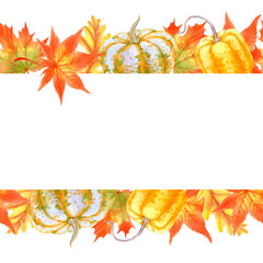 Autumn season banner. Greeting card with hand drawn watercolor fall leaves and pumpkins. Modern design poster with watercolor colorful foliage and pumpkins of yellow, orange and red color.