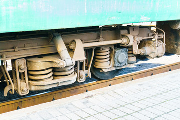 Close up view of a train wheel.