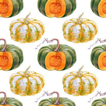 Pumpkin watercolor illustrations isolated on white background. Seamless pattern with colorful Pumpkins
