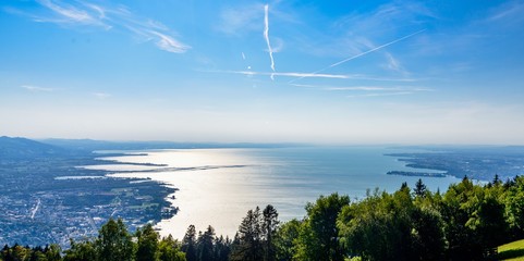 Panorama view from Pfänder (Pfander) alps mountain on Bodensee lake Constance. Austria, Bregenz, Vorarlberg.  - obrazy, fototapety, plakaty
