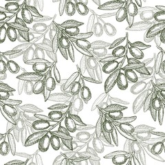 Olive branch with fruit. Linear graphic ink art. Seamless background pattern. Endless texture for your design, fabrics, decor.