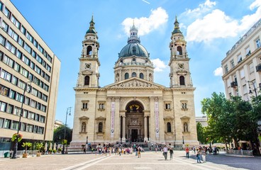 Szent Istvan (St. Stephen) Bazilika in Budapest, Hungary. Text on the cathedral in English: 