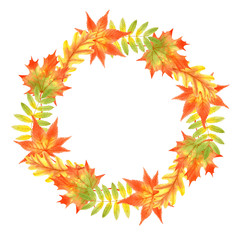 Wreath of autumn leaves. Hand drawn watercolor isolated on white background. For invitations, posters, web design.