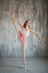 Beautiful female flexiable ballet dancer doing exercise on a gray background. Adorable ballerina is wearing a pink leotard and skirt, beige stockings, pointe shoes.