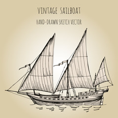 Old caravel, vintage sailboat. Hand drawn vector sketch.
