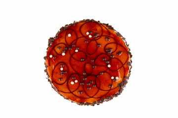 Caramel cake with chocolate on white background
