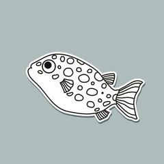 Vector fish sticker on the grey background. Outline fish. Exotic aquarium fish. White vector fish. Tetraodon leopard
