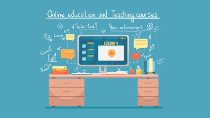 Modern Desk with computer and documents. Workplace for work or study at home, use for web template banner and presentations. Hand drawn elements for online courses. Vector cartoon flat illustration