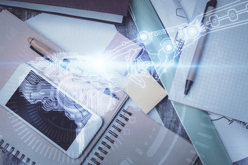 Double exposure of brain drawing over work table desktop. Top view. Global data analysis concept.