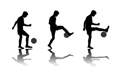 Vector illustration. The guy juggles the ball in the air. Feint "around the world". Set of isolated soccer silhouettes. Summer sports games. Footballer freestyle skills. Body moves