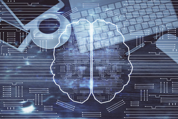 Multi exposure of brain drawing over work table desktop. Top view. Global data analysis concept.