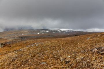 autumn view of Sarek National Park, Lapland, Norrbotten County, Sweden, near border of Finland, Sweden and Norway. selective focus