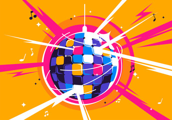 Vector illustration of a disco ball with light rays and musical notes