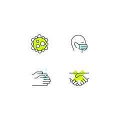 Vector Icon Style Illustration Web Badge of Hand Shake Greeting, Corona Virus Spread Prevention Method, Face Mask, Wash, Isolated Minimalistic Picture