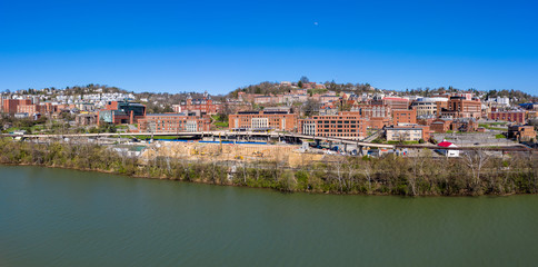 Fototapeta na wymiar Aerial drone panoramic shot of the empty downtown campus of WVU in Morgantown West Virginia during the coronavirus shutdown