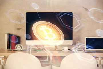 Double exposure of crypto technology theme drawing and office interior background. Concept of blockchain.