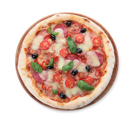 Delicious pizza Diablo isolated on white, top view