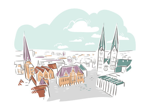 cityscape sketch, colorful buildings, sky clip art preview