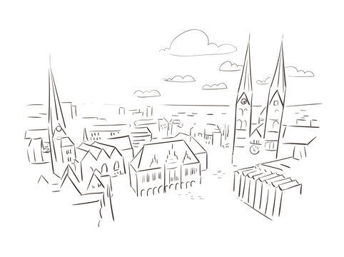 cityscape sketch, black and white, buildings clip art preview