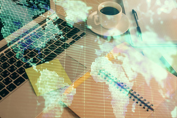 Fototapeta na wymiar Double exposure of business theme drawing and desktop with coffee and items on table background. Concept of market trading