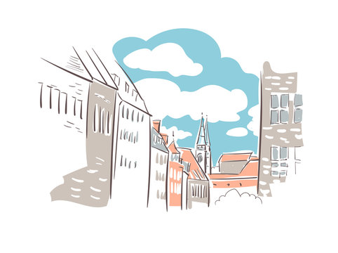 cityscape sketch, buildings, sky, clouds, line art clip art preview
