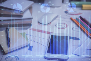 Double exposure of forex graph drawing and cell phone background. Concept of financial data analysis