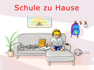 digitales Lernen, Schule zu Hause, Schüler Junge sitzt gemütlich barfuß mit Laptop auf Couch und lernt, Ohrhörer auf lächelt. Katze schläft, im Haus bleiben Pandemie Coronavirus Corvid-19 Virus 