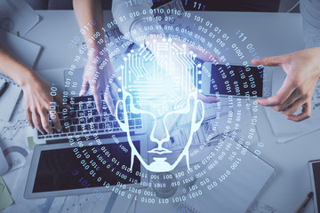 Double exposure of man and woman working together and human brain hologram drawing. Brainstorm concept. Computer background. Top View.