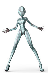 alien girl from the space in a pink suit on white background