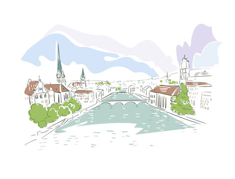 zurich cityscape sketch, pastel colors, river view clip art preview
