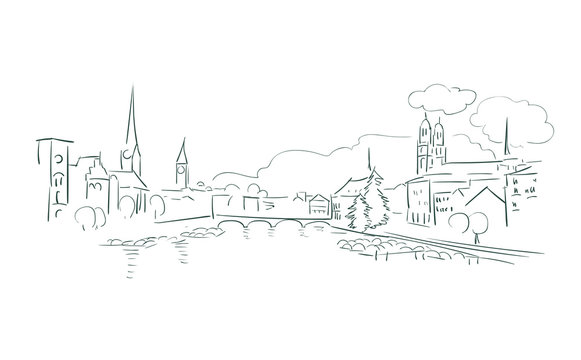 Zurich Switzerland Europe vector sketch city illustration line art
