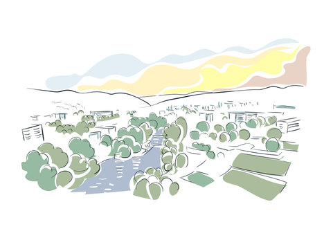 cityscape sketch, green trees, blue road, sunset clip art preview