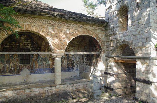Decorated exonarthex of St. Nicholas Church, 1721. Cultural Monument of Albania. Korce County, Moscopole (Voskopoje)