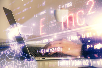 Double exposure of woman hands typing on computer and formula hologram drawing. Education concept.