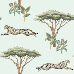 Vintage savanna island, plant, acacia tree, cheetah running wildlife animal floral seamless pattern blue background. Exotic safari wallpaper. © good_mood