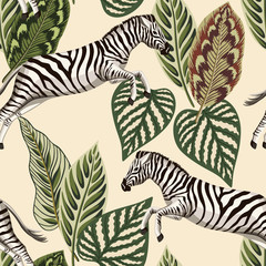 Vintage tropical palm leaves, zebra animal floral seamless pattern beige background. Exotic safari wallpaper. © good_mood